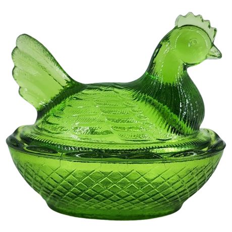 Vintage Indiana Glass Green Hen on Nest Art Glass Covered Trinket Dish