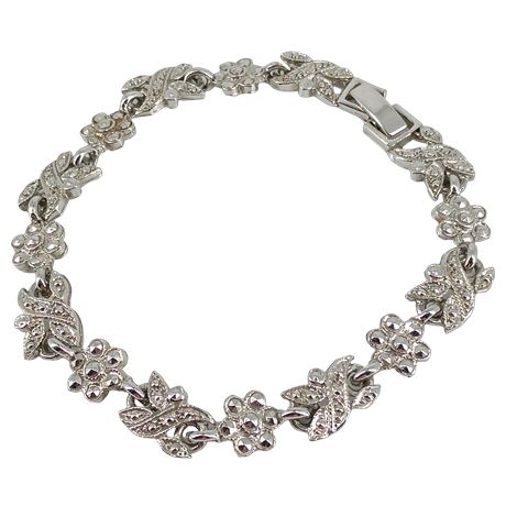 Vintage Silver-Tone Floral Link Bracelet, Rhinestone Accents