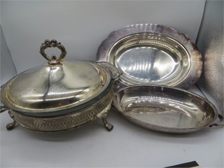 Chafing Dish w/Anchor Hocking Glass Dish & 2 Serving Bowls