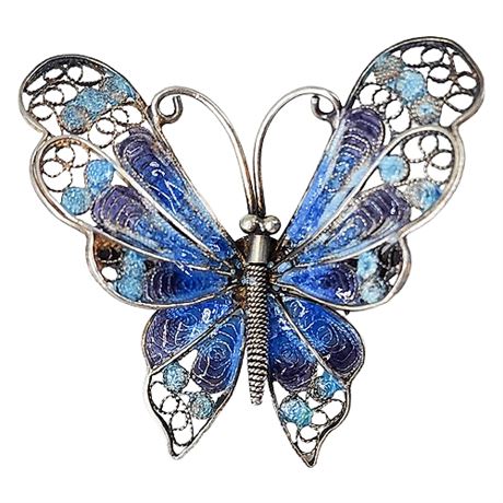 Vintage Alioto Adriana Italian 800 Silver Filigree & Enamel Butterfly Brooch