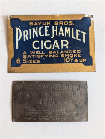 Lot 2 Vtg Brass & Metal Signs Hardwood Bros Wisconsin, Prince Hamlet Cigar