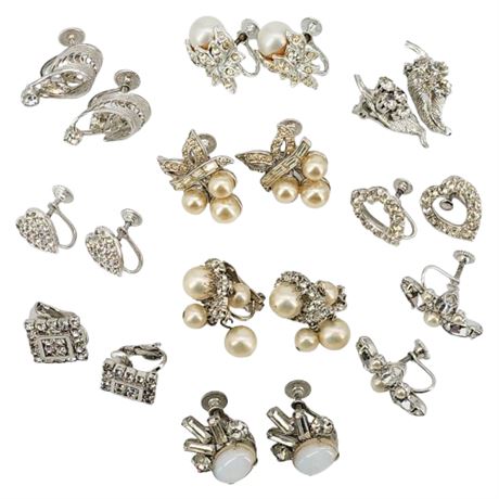 Ten Pairs Vintage Silver Tone Clear Rhinestone Clip Earrings