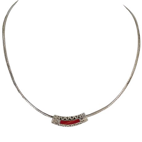 Sterling Silver 925 Necklace — Red Jasper Inlay Bar, Southwestern Style