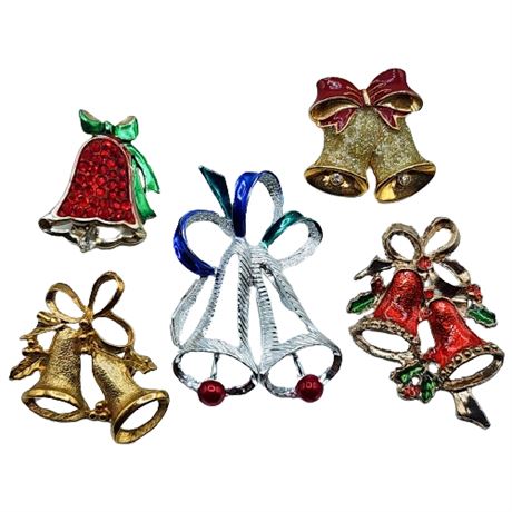 Lot of 5 Christmas Bells Brooches, Incl. Gerry's & Avon