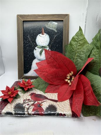 Snowman Picture, Porcelain Poinsettia & Table Runner