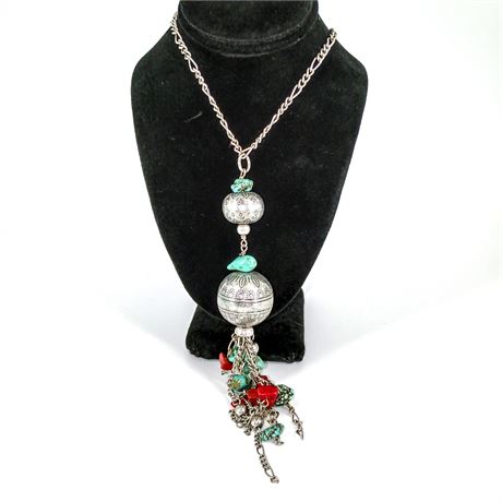 Coldwater Creek Boho Silver & Turquoise Statement Pendant Necklace