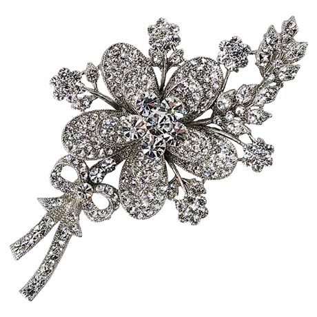 Signed Large Silver Tone Rhinestone Flower Posey Brooch