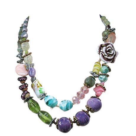 TRESKE Artisan Crafted Necklace ~ Multi-Color Glass Beads & Embellishments