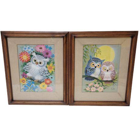 K. Chin Owl with Flowers / Owls in Love Framed Lithographs
