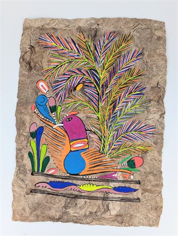Mexican Folk Art Amate Bark Painting Aztec Bird Peacock 13.25" x 9.5" Handmade