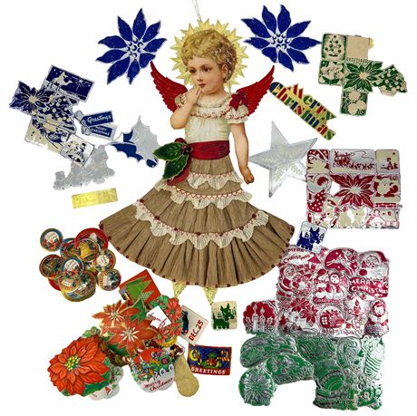 Lot of Vintage Die-Cut Christmas Tags, Stamps and an Ornament