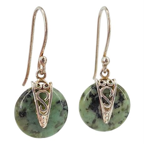 Signed RJ Sterling Silver & Green Serpentine Earrings