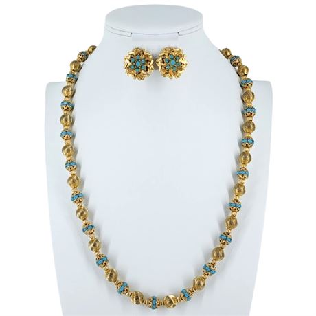 Vintage Gold Tone & Turquoise Rhinestone Necklace & Clip Earrings Set