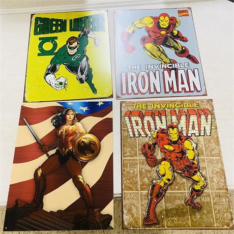 4 Superhero Metal Retro Signs 12.5” x 16”