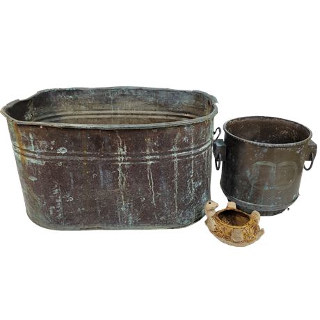 Vintage Cooper Boiler / Brass Pot / Ceramic Turtle Planter
