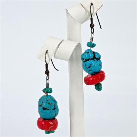 Turquoise-Color & Coral-Color Bead Dangle Earrings