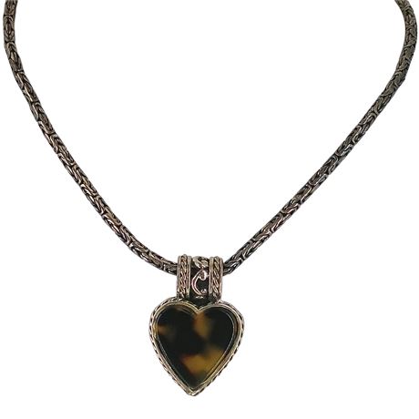 Sterling Silver Tortoiseshell Heart Pendant Necklace — 925 — Chunky Chain