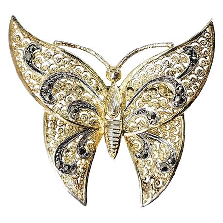 Vintage Signed Alice Caviness 2-Tone Sterling Silver Marcasite Butterfly Brooch