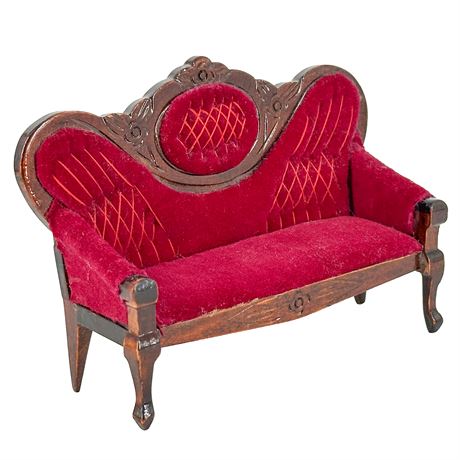 Vintage 1:12 Miniature Scale Wood & Red Velvet Victorian Sofa