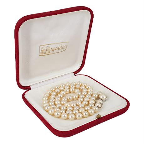 Vintage MAJORICA Hand Knotted 8.25mm Faux Pearl Necklace w/ Sterling Clasp & Box
