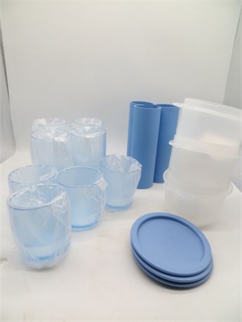 NEW VINTAGE LARGE & SMALL TUMBLERS, FLOWER VASE & 3 ROUND CONTAINERS