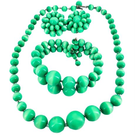 Vintage Lime Green Moonglow Lucite Necklace, Coil Bracelet and Clip-On Earrings