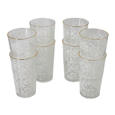 Gold Rimmed Frosted Etched Floral Drinking Glasses