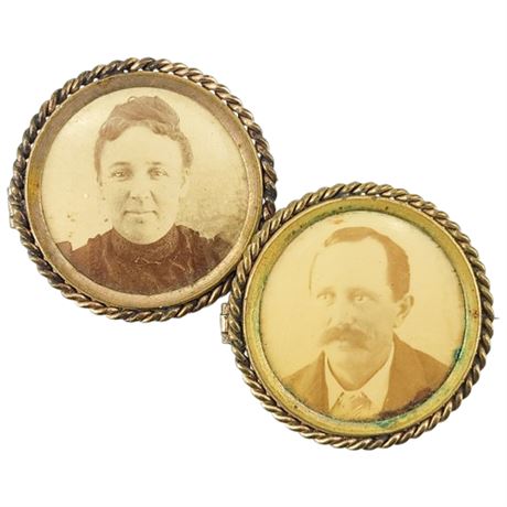 Pair Victorian Gold Filled Mourning Keepsake Photo Brooches