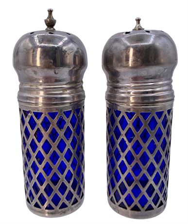 Pair United Kingdom Vintage Cobalt & Lattice Silverplate Salt & Pepper Shakers