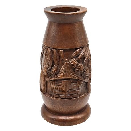 Mid-Century Hand Carved Wood Tiki Hut Vase, 1 of 2
