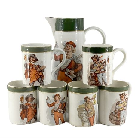 Vintage Avon Pottery Company Ceramic Pitcher and Six Cups