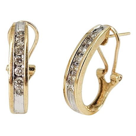 Vintage Signed Alwand Vahan 10K Gold & Diamond Almond Hoop Earrings