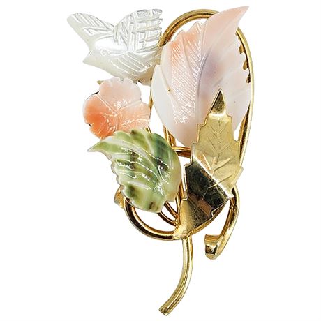 Vintage Carved Shell & Mother of Pearl Flowers Brooch
