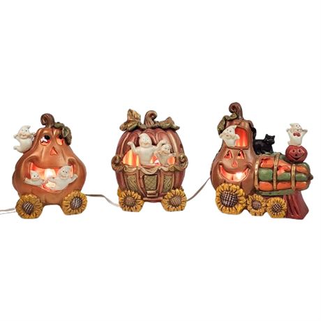 Vintage Cracker Barrel 3 Part Lighted Ceramic Halloween Train