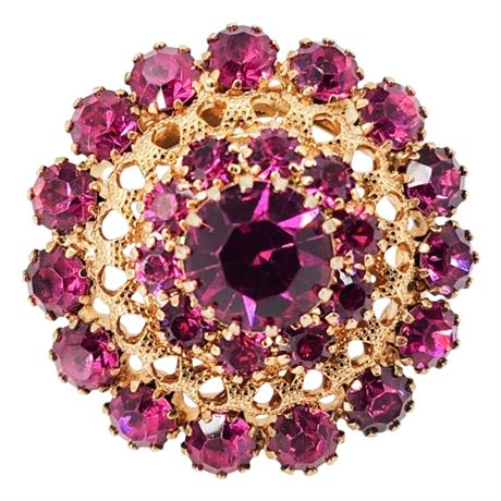 Vintage Hot Pink Prong Set Rhinestone Dome Brooch