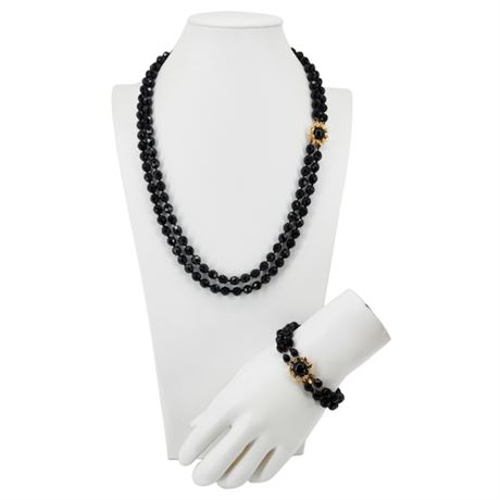 Vintage 2-Strand Faceted Jet Black Beaded Necklace & Bracelet Set