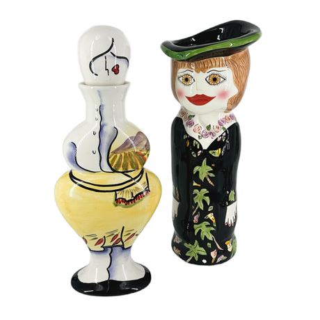 Pair Figural Women Ceramic Pitcher & Decanter