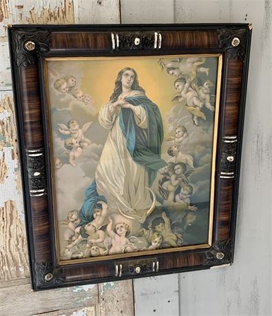 Antique Religious Madonna in Heaven Lithograph under Wavy Glass
