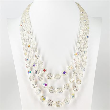 Vintage Triple Strand Aurora Borealis Crystal Beaded Necklace