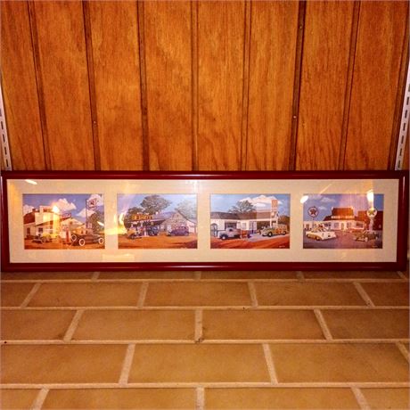 Vintage Americana Framed Art – Classic Gas Stations & Cars – Retro 4-Panel Print