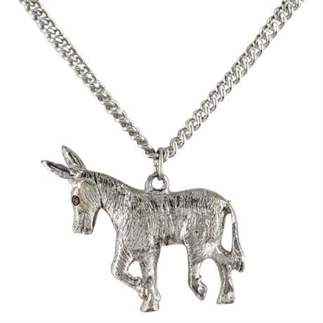 Vintage Silver Tone Donkey Pendant Necklace w/ Rhinestone Eyes
