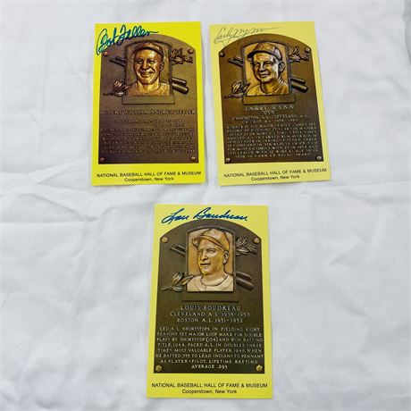 Feller, Boudreau, Wynn Signed Gold HOF Plaque Postcards