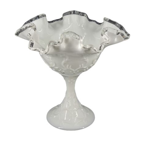 Fenton Milk Glass Silver Crest Ruffled Pedestal Compote Candy Dish