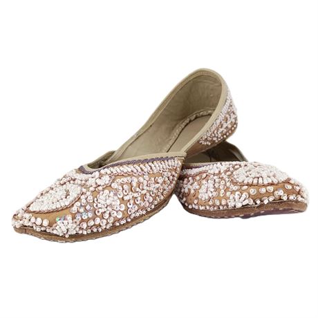 Vintage Beaded Slip-On Shoes, Light Brown with Ivory Shimmer Beads and Sequins 7