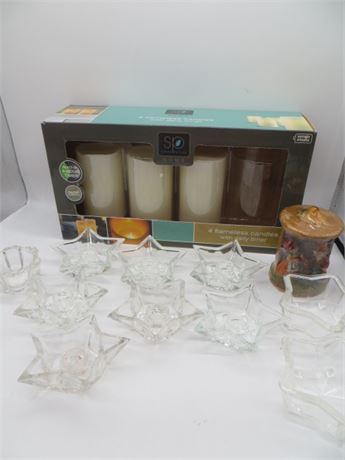 Vintage Glass Star Candle Holders & New Flameless Candles