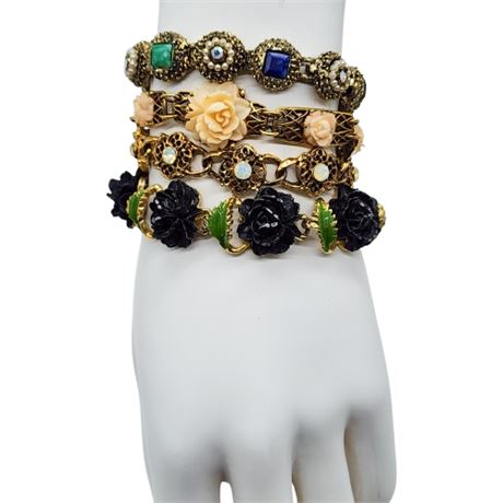 Vintage Floral & Rhinestone Bracelets Lot, Incl. Goldette NY