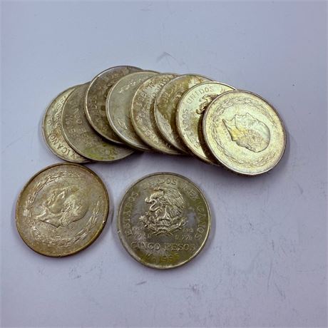 10 BU 1953 Hidalgo 5 Peso Silver Coins