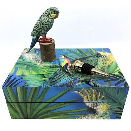 Parrot Themed Lot- Jewelry Box, Wine Bottle Stopper & Carved Painted Parakeet