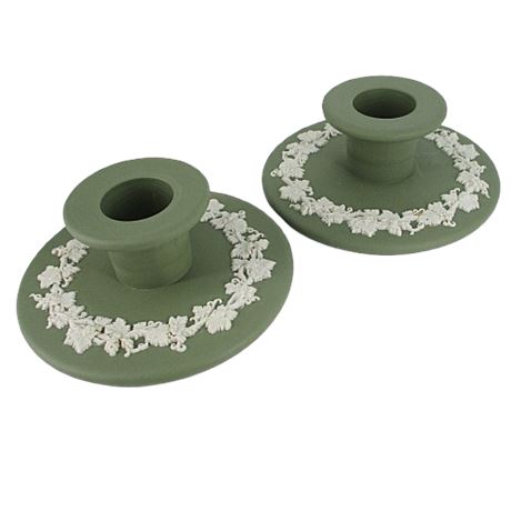Vintage Pair Wedgwood Jasperware Green Grapevine Banquet Candlestick Holders