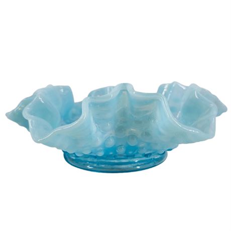Vintage Fenton Blue Opalescent Hobnail Ruffle Rim Candy Dish
